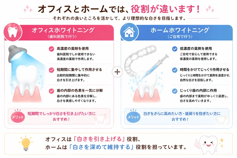 オフィスホワイトニングとホームホワイトニングの作用や役割の違い